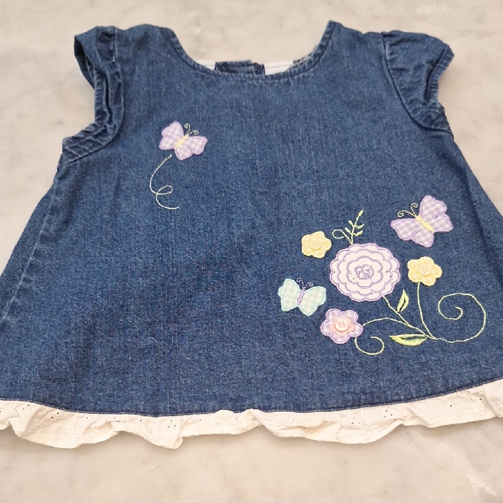 Miniwear Blue Denim‎ Blouse w Embroidered Gingham Butterfly Flower Details 24M